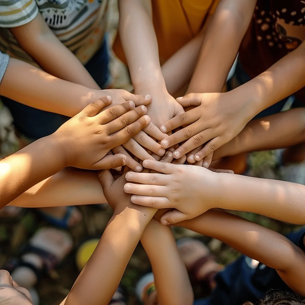 Campers and counselors piling their hands together in a circle